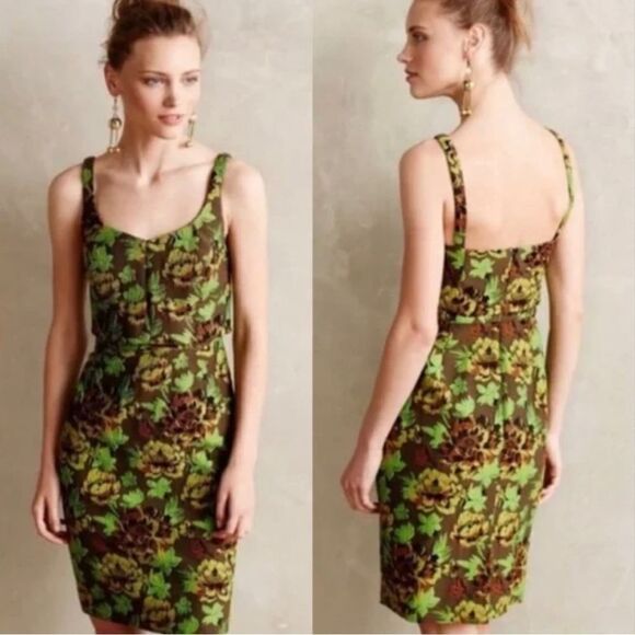 MOULINETTE SOEURS Anthropologie Green and Brown Brocade Floral Print Dress sz 0P - Picture 1 of 11